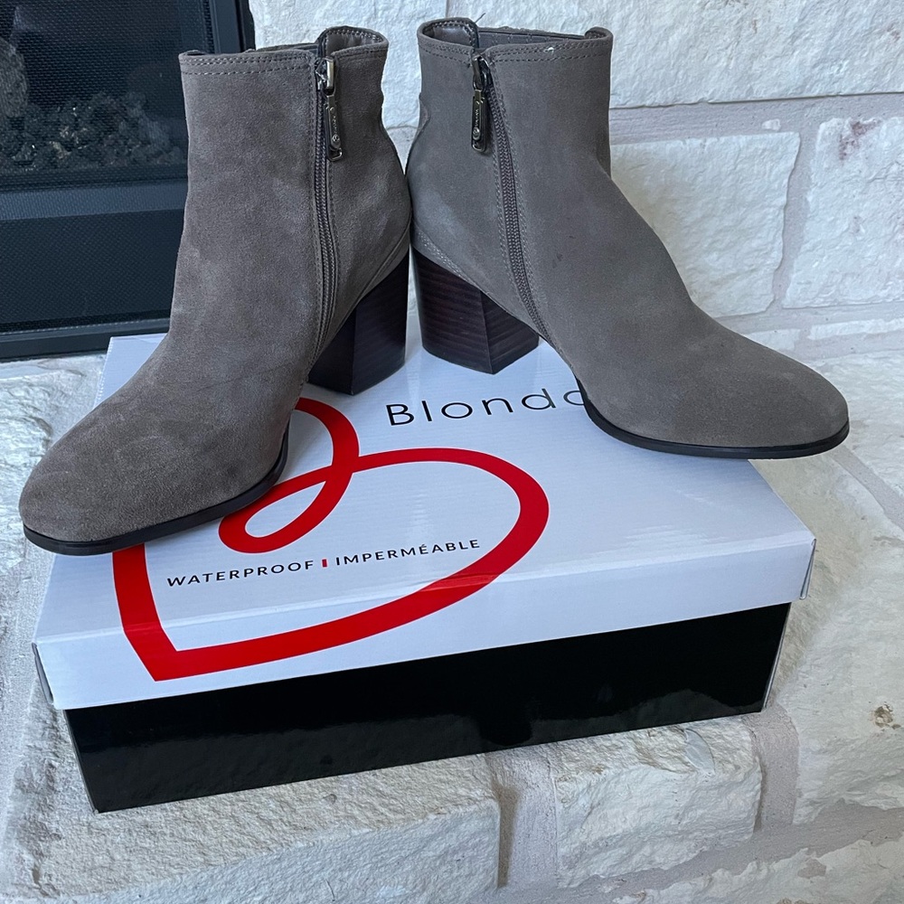 Blondo Taupe Suede Ankle Boots with Block Heel